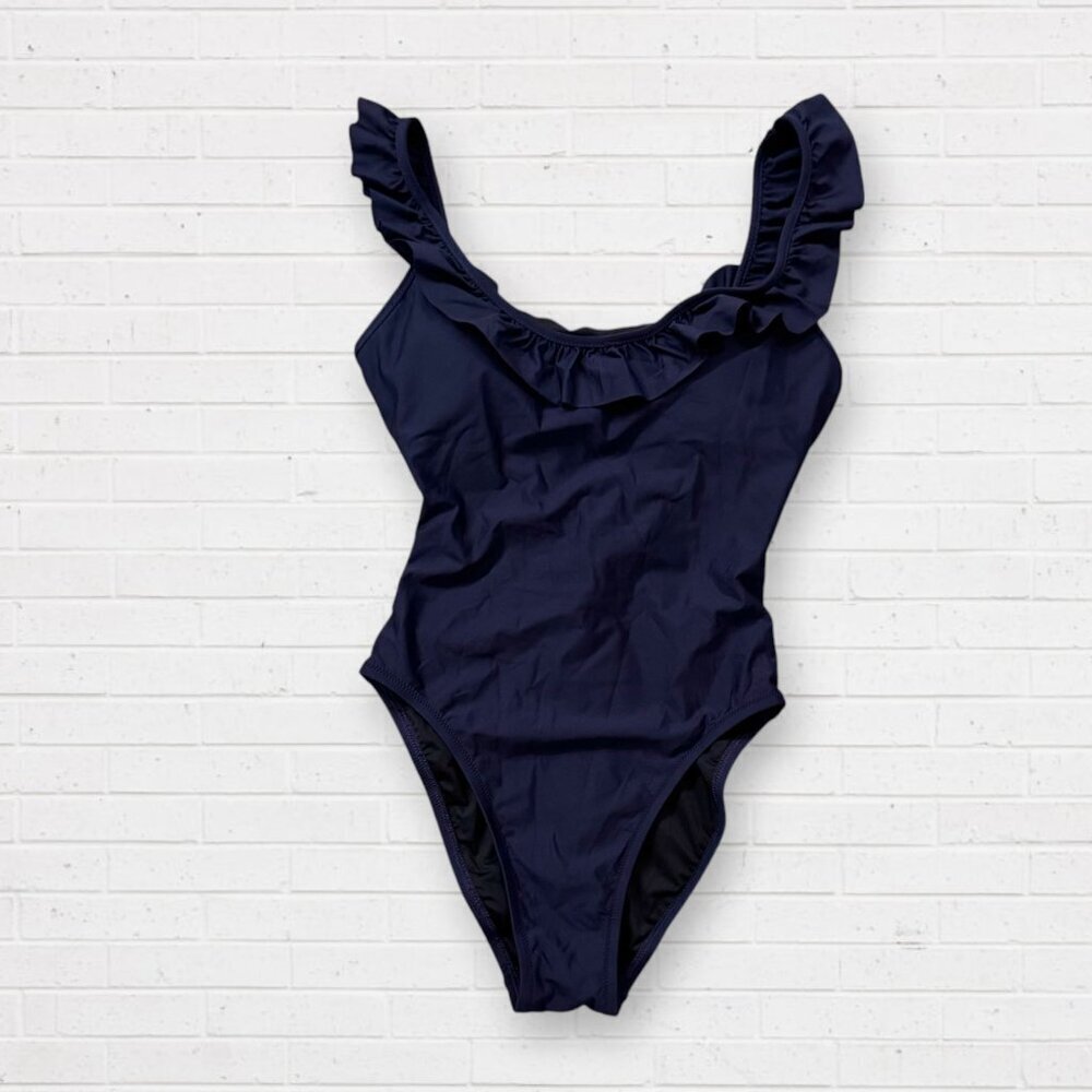 NWT J CREW Ruffle Neckline Trim Scoopback 1-PC Swimsuit Bathing Suit Navy Blue 4
